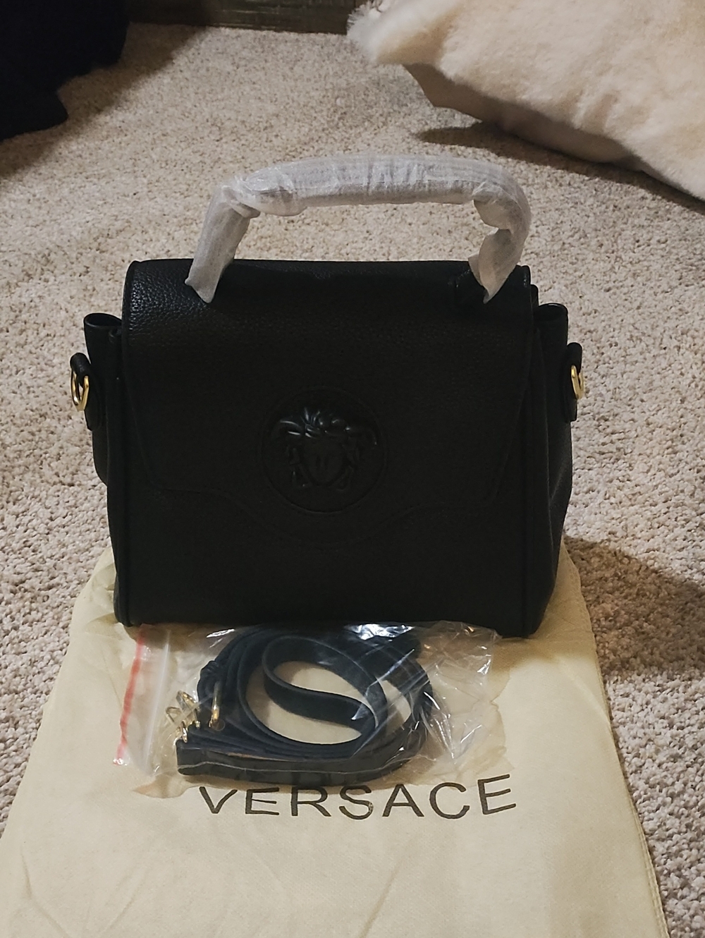 Versace Black Soft Pebbled Leather Top-Handle Satchel with Black Hardware